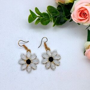 White Gold Tone Black Center Flower Dangle Hoop Earrings